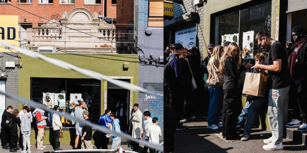 Short-term retail pricing strategy in action with customers queueing outside a busy pop-up store